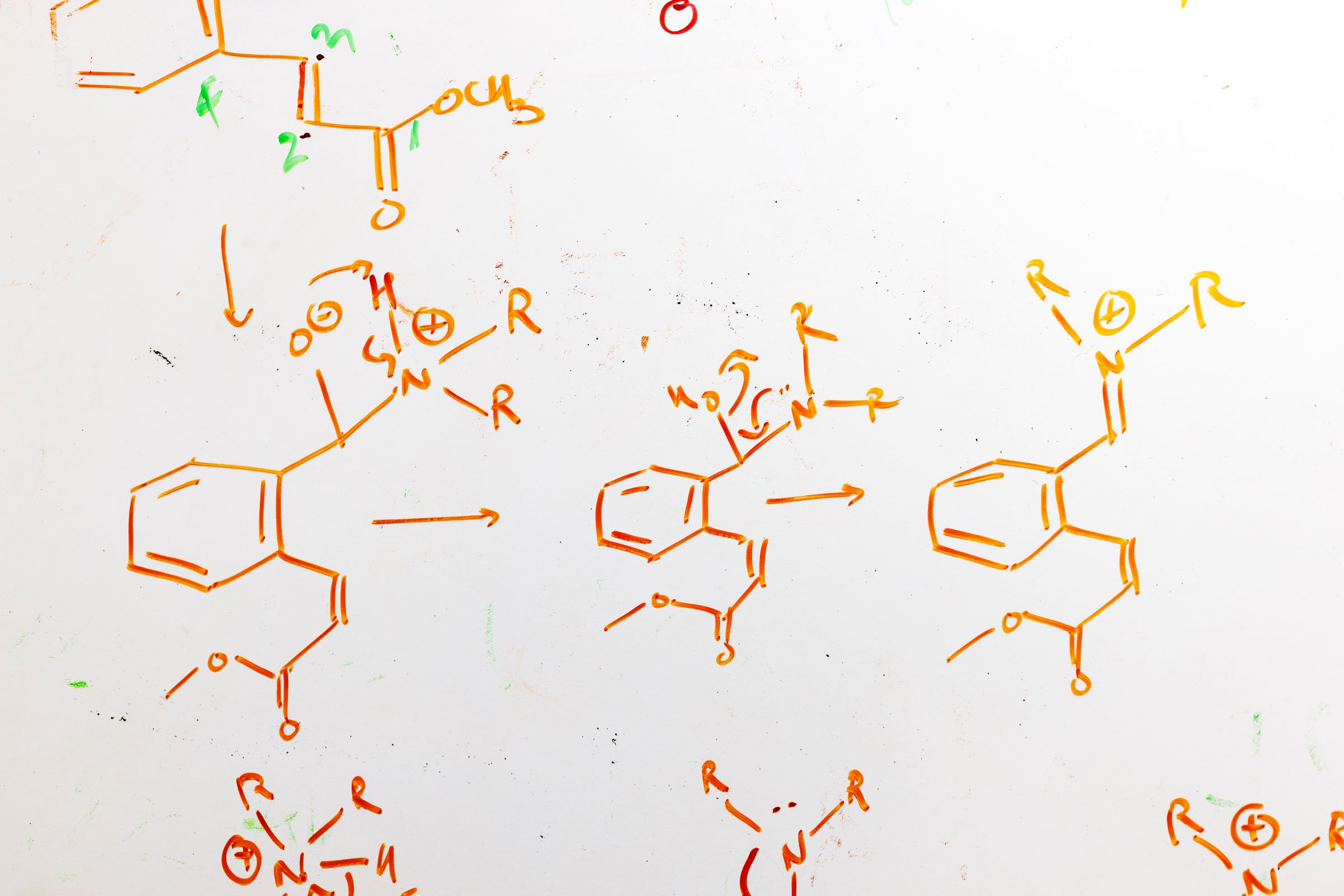 Whiteboard with organic reaction proposed mechanism