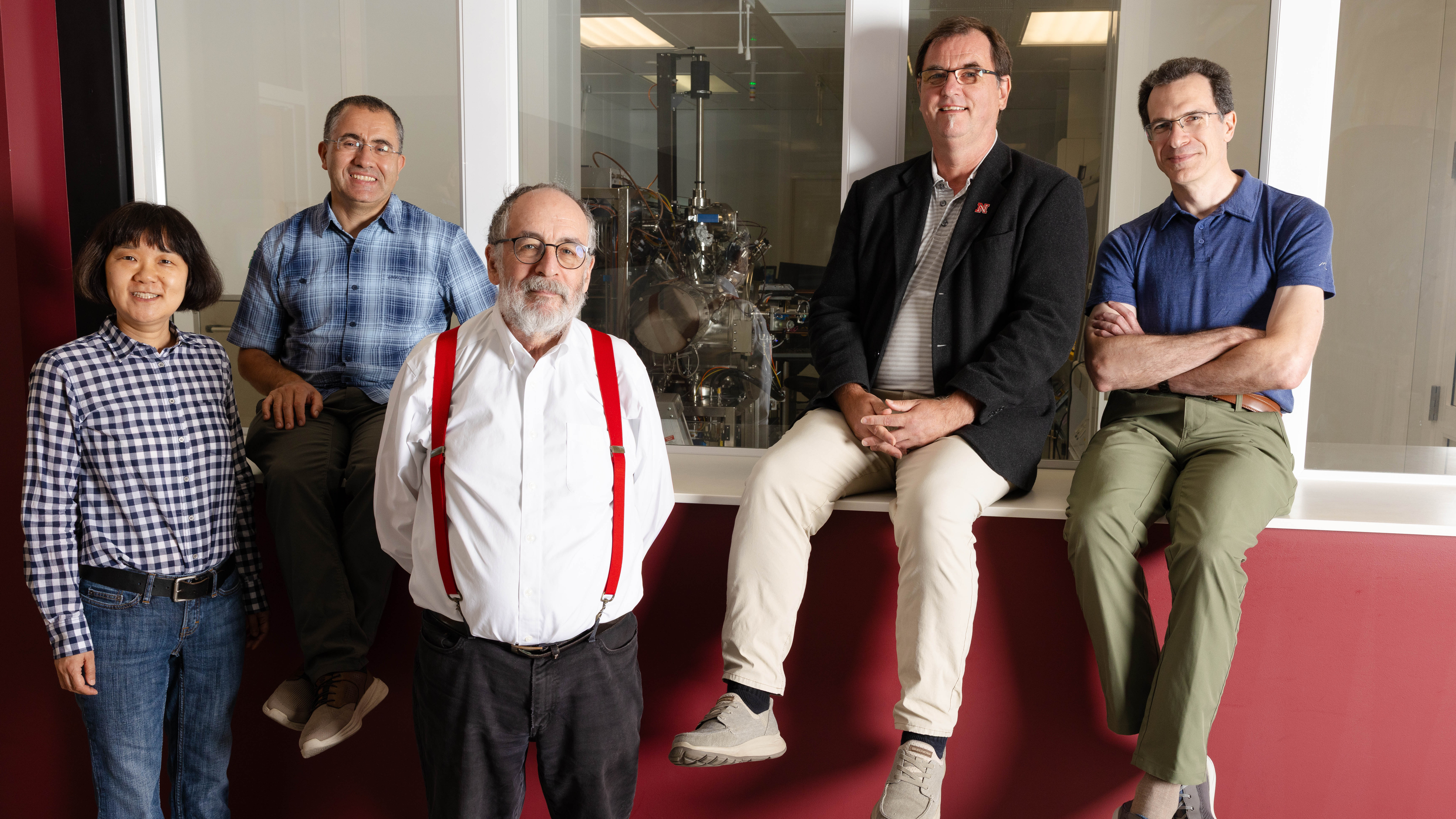 Christian Binek (second from right) is principal investigator of a new National Science Foundation-funded program exploring novel two-dimensional materials. Team members on the project are (from left) Xia Hong, professor of physics and astronomy; Abdelghani Laraoui, associate professor of mechanical and materials engineering; Peter Dowben, Charles Bessey Professor of physics and astronomy; and Kirill Belashchenko, professor of physics and astronomy.