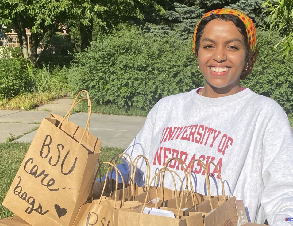 Batool holding BSU care bags