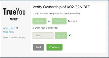 Verify ownership screen with call, text options