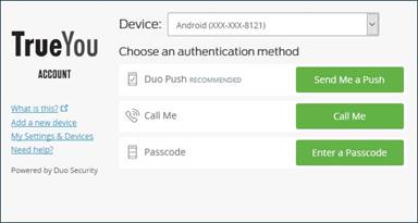Authentication interface with options for Duo Push