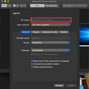 Add PC window in Microsoft Remote Desktop 