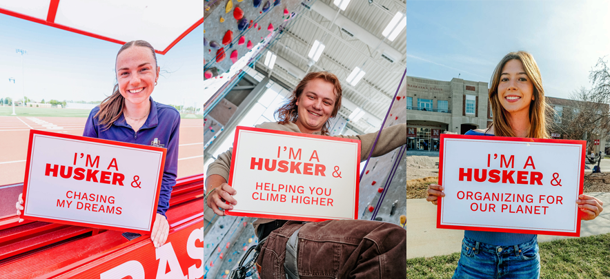 Three people smiling and holding signs with bold text in outdoor and indoor settings.