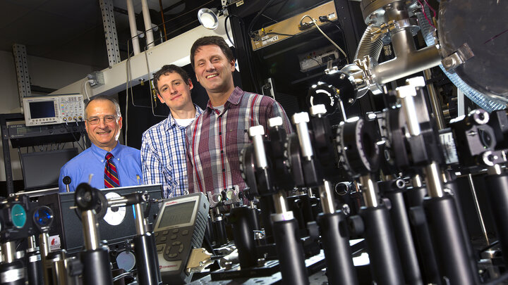 UNL physicists, from left, Anthony Starace, Martin Centurion and Herman Batelaan lead UNL’s work with the Nebraska-Kansas Consortium.