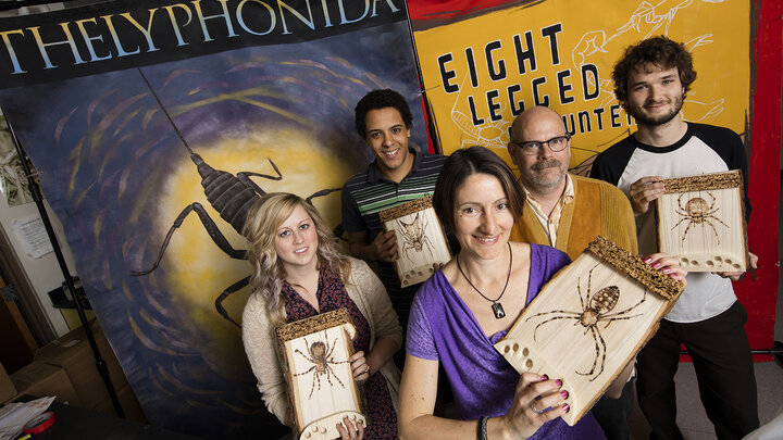 From left: Alissa Anderson, Rowan McGinley, Eileen Hebets, Pawl Tisdale and Colton Watts. With the help of Anderson, McGinley, Watts and other arachnologists, Hebets will present her Eight-Legged Encounters exhibit at the USA Science and Engineering Festival in Washington, D.C. Tisdale, a Lincoln-based artist, created posters and designed materials for the exhibit.