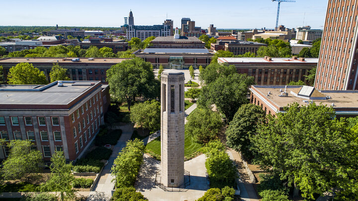 South side of City Campus behind the Mueller Bell Tower. Drone footage of City Campus. May 29, 2020.