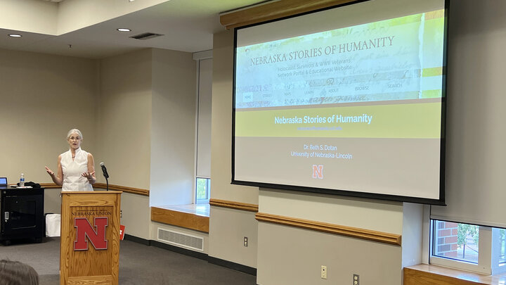 Beth Dotan, research assistant professor, leads a session on using the digital project, "Nebraska Stories of Humanity," in high school classrooms.