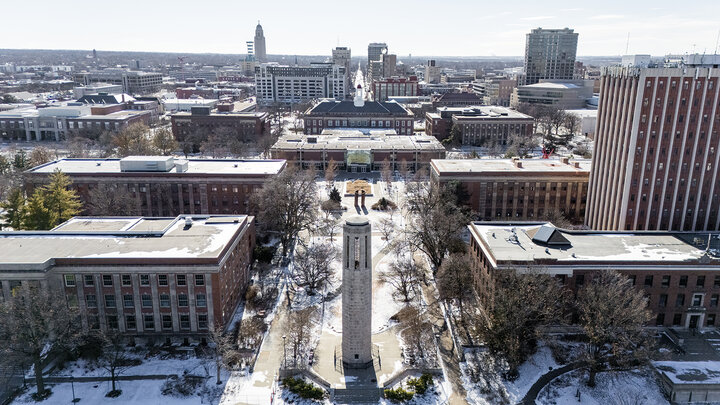 Aerial view of campus after a Jan. 4, 2025 snowfall.