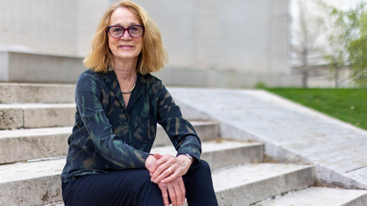 Sherilyn Fritz is photographed on the steps of Sheldon Museum of Art.