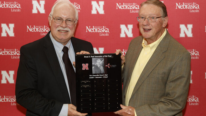P. Stephen Baenziger (left), professor of agronomy and horticulture, was presented with the Prem S. Paul Innovator of the Year award during the NUTech Ventures 2017 Innovator Celebration. Donald Weeks, emeritus professor of biochemistry, received the awar