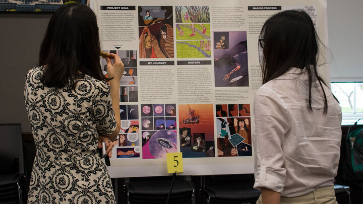 Female students in front of research poster