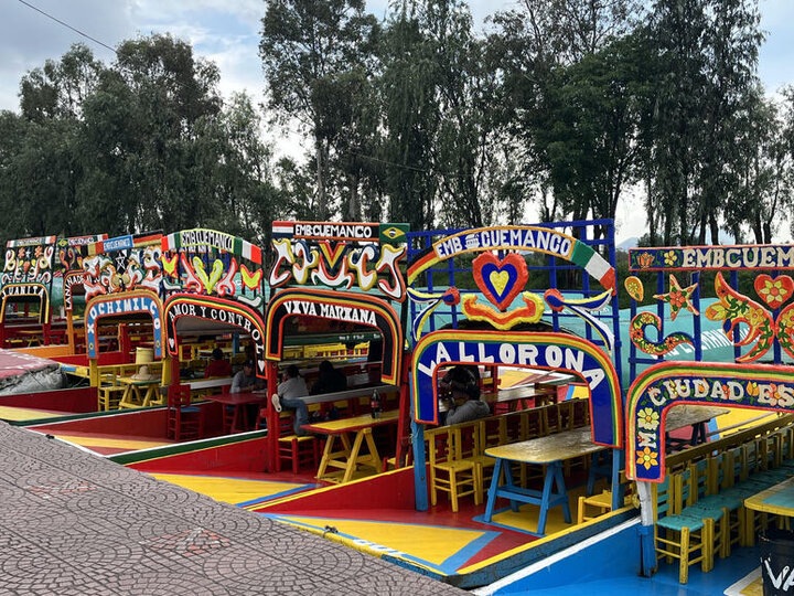 Colorful wooden boats with decorative signs in vibrant patterns docked near a walkway.